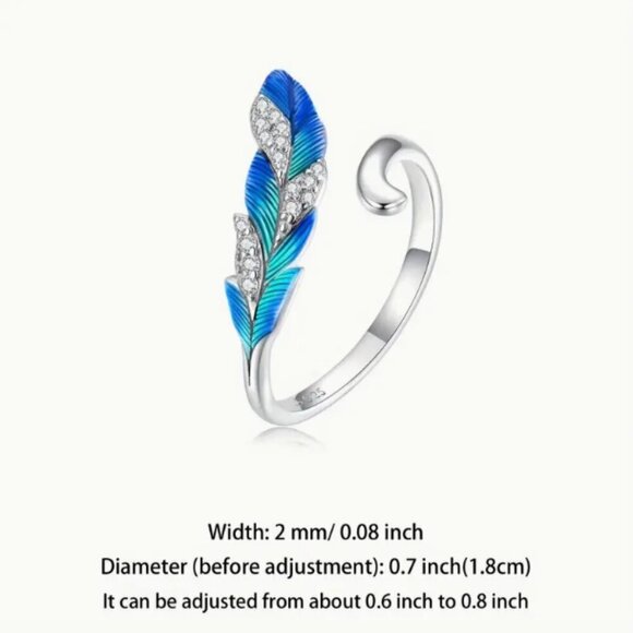 925 Sterling Silver Zirconia Diamond Feather Cuff Ring Blue Enamel Adjustable - Picture 4 of 5